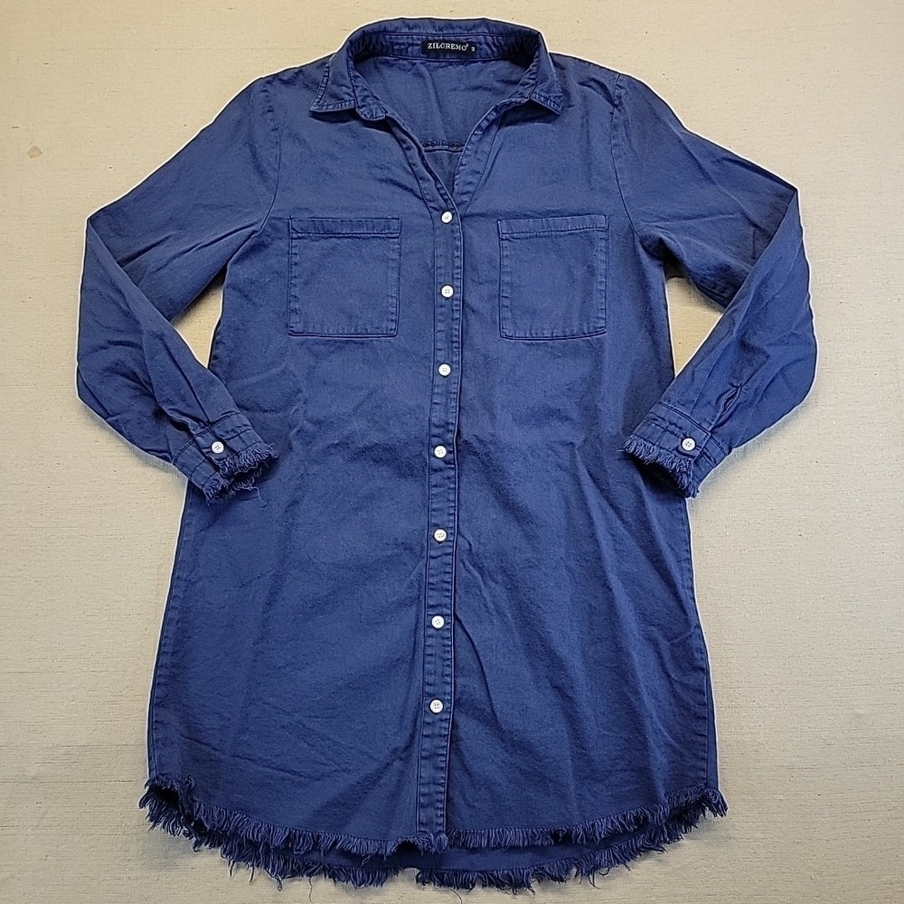 Zilcremo Women's Blue Button Front Shirt Dress Med Tunic Raw Hem Casual